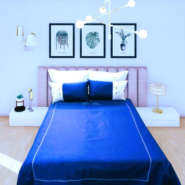 Set Husa pilota cu detalii brodate 140 x 220 cm si 2 fete de perna, Casa Bucuriei, model Iris, 3 piese, albastru regal, bumbac organic lux 100%