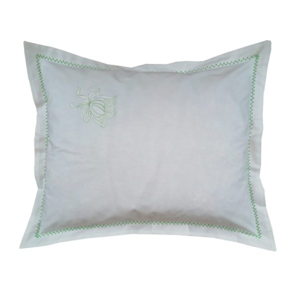 Fata de perna brodata 60 x 60 cm, Casa Bucuriei, model Poema, alb/verde, bumbac natural 100%