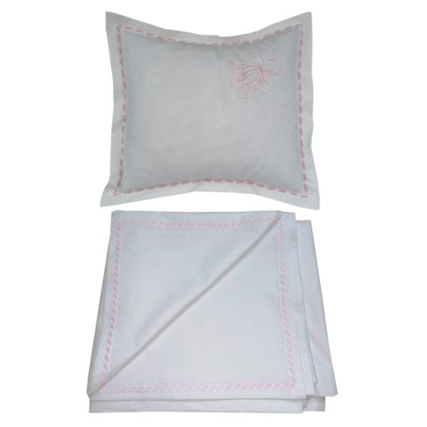 Set Lenjerie pat brodata 180 cm x 240 cm, Casa Bucuriei, model Luxury, 2 piese, alb/roz, bumbac natural 100%