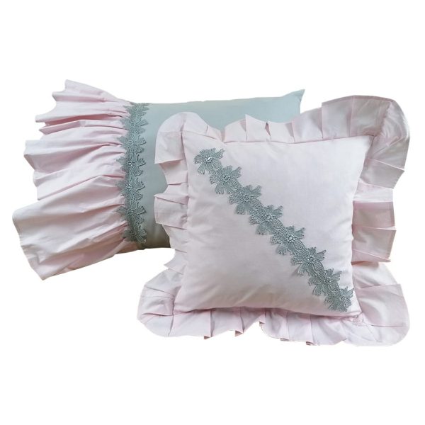 Set 2 x Husa perna decorativa Casa Bucuriei, aplicatie dantela, roz/gri, bumbac, 50x70, 45x45