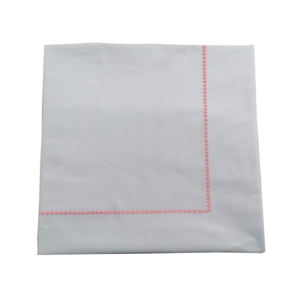 Cearsaf cu elastic pentru pat 90 x 200 x 25 cm, Casa Bucuriei, model buline brodate, alb/piersica, bumbac 100%, 140 cm x 250 cm, chenar brodat