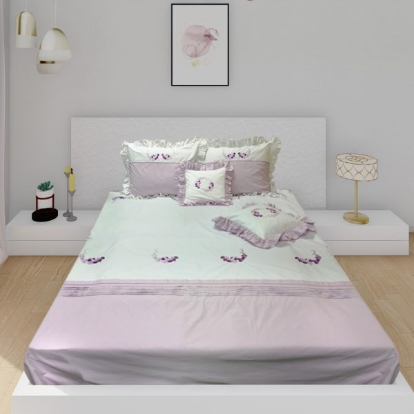 Cearsaf pilota Lena, broderie, alb/lila, percale, 180/220 cm