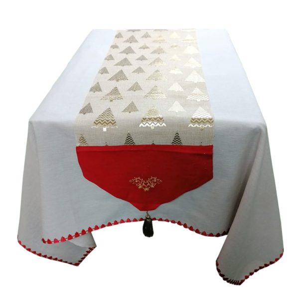 Traversa masa braduti aurii, broderie, crem/rosu, imitatie iuta, 36 x160