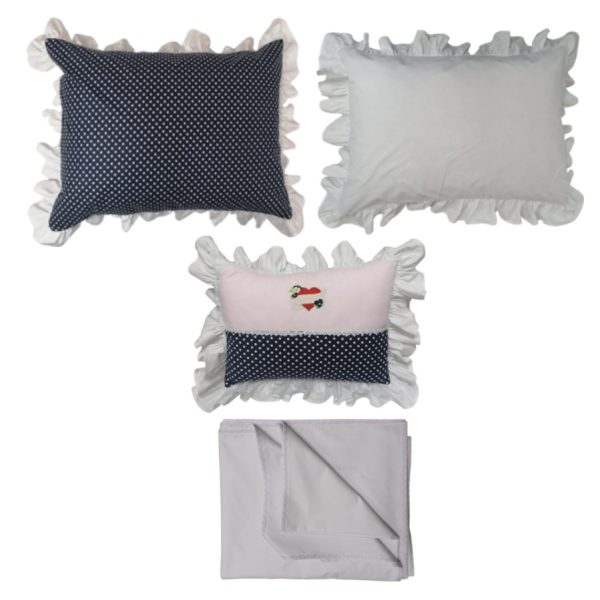 Set 1x cearsaf pat si 2 x Husa perna volane Valentina, bumbac percale 100%, alb/albastru, 240/160, 50/70, 45/45