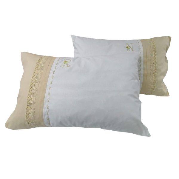 Set 2 Fete perna brodate 50 x 70 cm, Casa Bucuriei, model Personalizat, alb/bej, bumbac percale 100%, doua fete