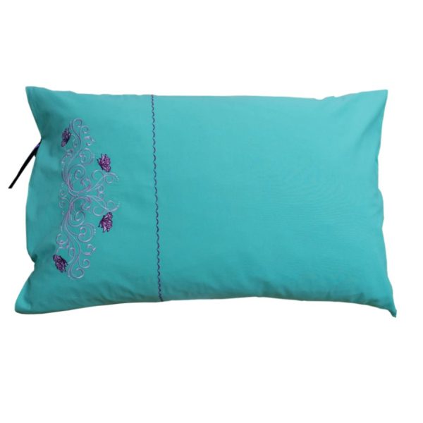 Set 2 Fete perna brodate 50 x 60 cm, Casa Bucuriei, model Eva, verde turcoaz/mov, bumbac ranforce 100%, doua fete