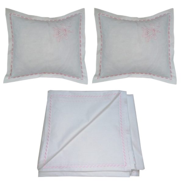 Set Lenjerie pat brodata 240 cm x 270 cm, Casa Bucuriei, model Luxury, 3 piese, alb/roz, bumbac natural 100%