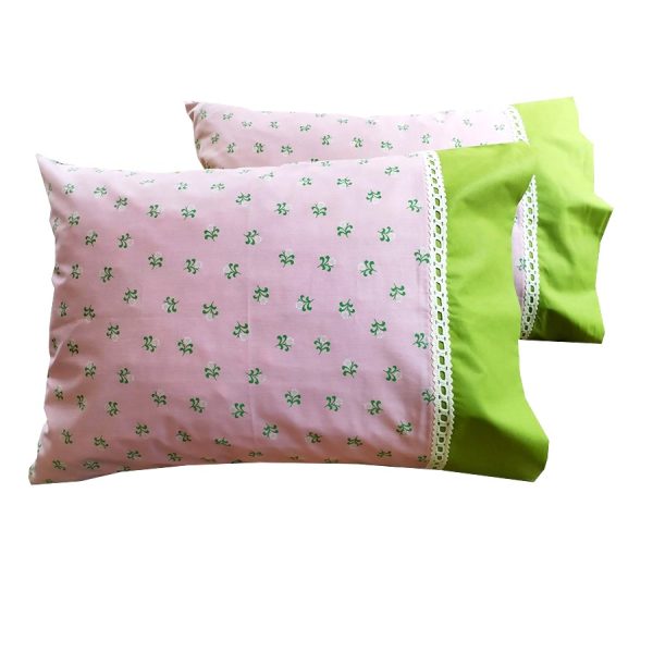 Set 2 x Fata de perna 50 cm x 90 cm, Casa Bucuriei, model Spring Flowers, roz pal/verde deschis, Bumbac 100%, doua fete