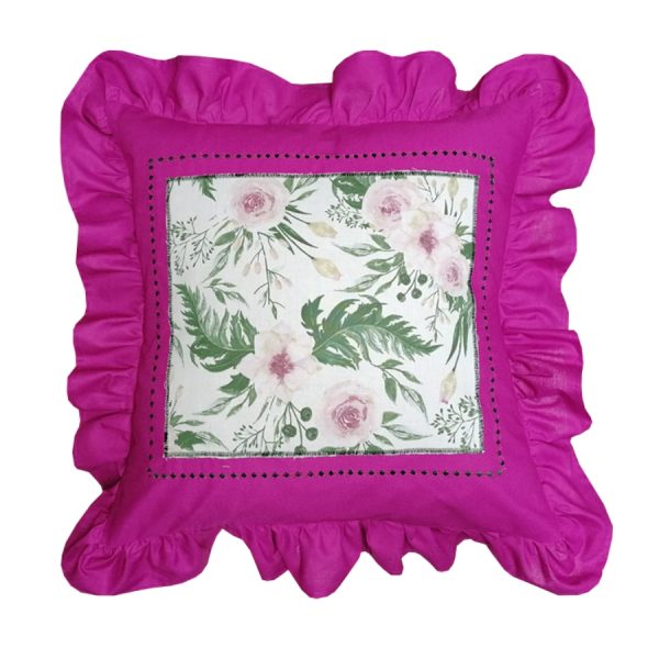 Husa perna Casa Bucuriei, Sensy, alb/fucsia, bumbac 100%, 60 cm x 60 cm