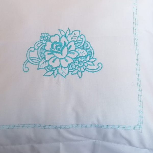 Lenjerie pat superking Casa Bucuriei, model Lebada, 6 piese, culoare alb/albastru, bumbac 100%, brodata, 210 x 230, 280 x 260