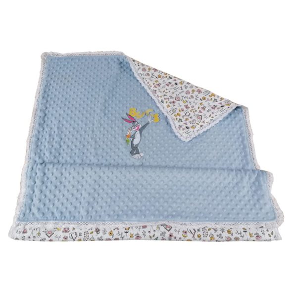 Paturica copii Bugs Bunny, Casa Bucuriei, Alb / Bleu, plus minky si muselina, 85/110 cm, fata dubla