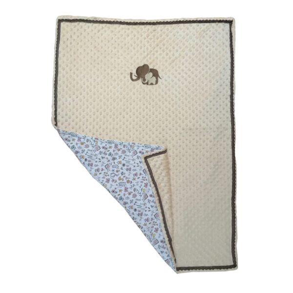 Paturica copii, Casa Bucuriei, fata dubla, broderie si dantela, piersica/maro, plus minky si muselina, 75/110 cm