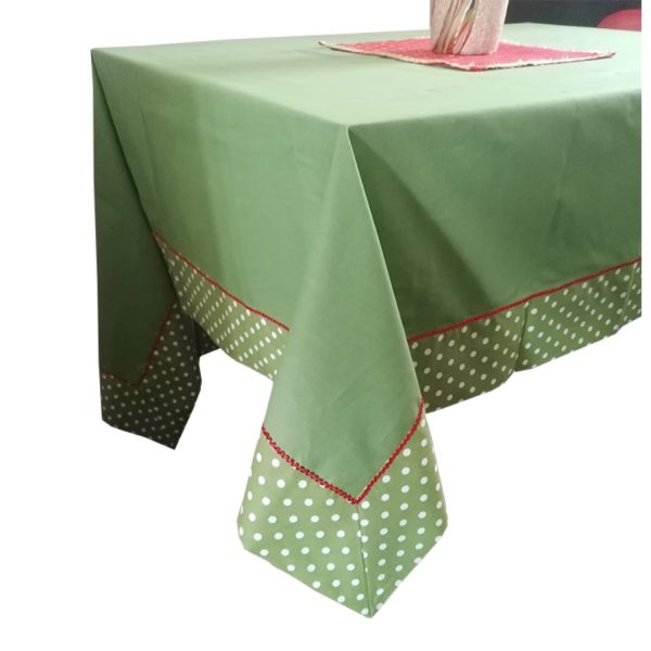 Set Fata de masa Casa Bucuriei, model Design, si napron, verde/rosu, bumbac 100%, bordura decorativa, 140 x 140cm