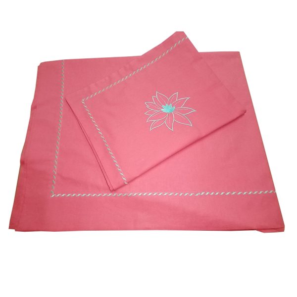 Cearsaf pat 280 cm x 300 cm, Casa Bucuriei, model Water Lily, rosu coral, bumbac natural 100%