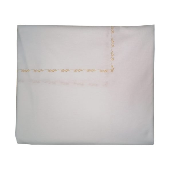Cearsaf pat dublu extra 270 x 290 cm, Casa Bucuriei, model Luxury, alb/auriu, bumbac natural 100%, bordura broderie