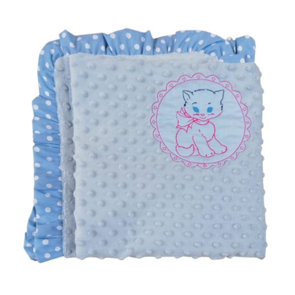 Paturica copii, fata dubla, broderie si volane, bleu ciel/alb, plus minky si bumbac, 1 x patura 90/120 cm