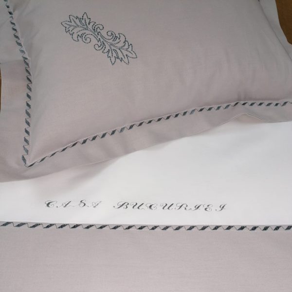 Cearsaf pat Casa Bucuriei, model Elegance, alb/gri, bumbac natural 100%, 260/280 cm