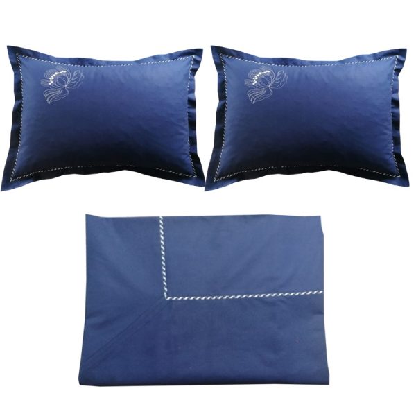 Set lenjerie pat 260 x 280 cm, Casa Bucuriei, model Elegance, 3 piese, bleumarin inchis, bumbac natural 100%, broderie