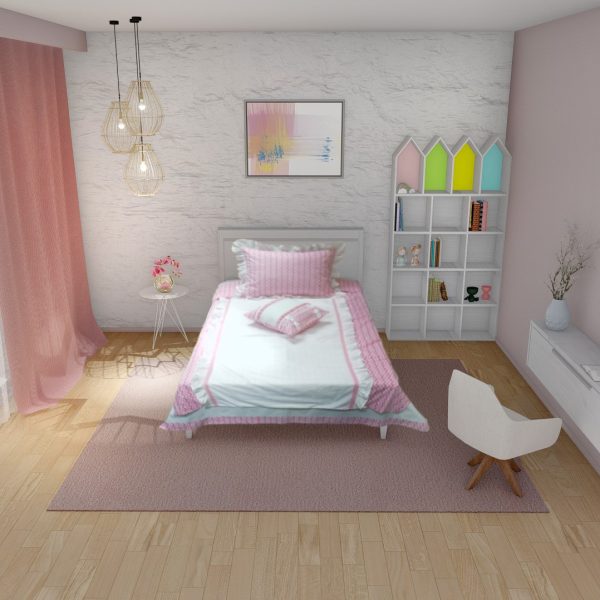 Lenjerie pat Lucy, 3 piese, culoare alb/roz, bumbac 100% (1 husa pilota 150 x 200, 1 fete de perna 50 x 70, 1 fata de perne decorative 50 x 40)