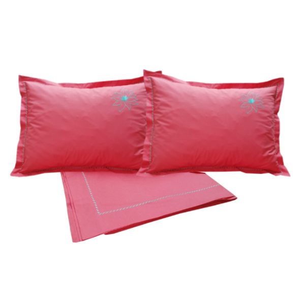 Set Lenjerie pat brodata 280 cm x 280 cm, Casa Bucuriei, model Water Lily, 3 piese, rosu corai, bumbac natural 100%