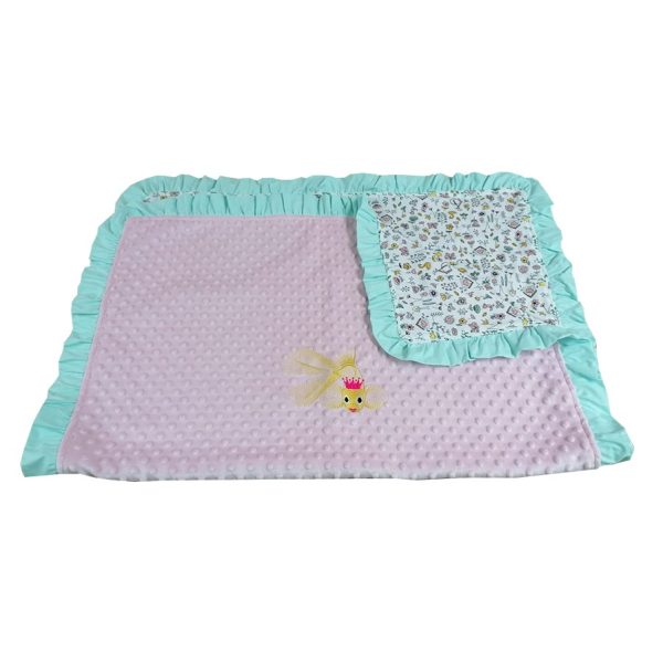 Paturica copii, fata dubla, broderie si volane, roz /vernil, plus minky si muselina din bumbac 100%, 1 x patura 90/120 cm