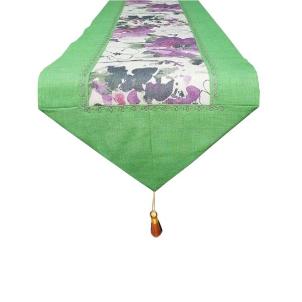 Traversa de masa Casa Bucuriei, model Floral, verde/mov, in, 35 cm x 130 cm, fata dubla