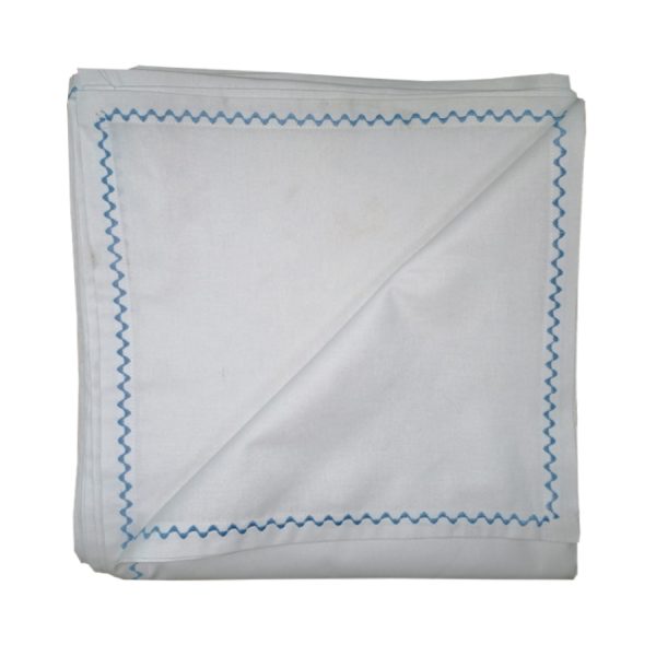 Cearsaf pat Casa Bucuriei 220 cm x 240 cm, bordura decorativa, alb/albastru, bumbac ranforce 100%