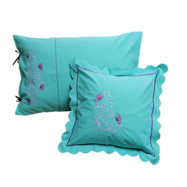 Set 2 x Fata perna Eva, broderie, turcoaz/mov, bumbac 100%, satinat, 50/70 cm si 45/45 cm