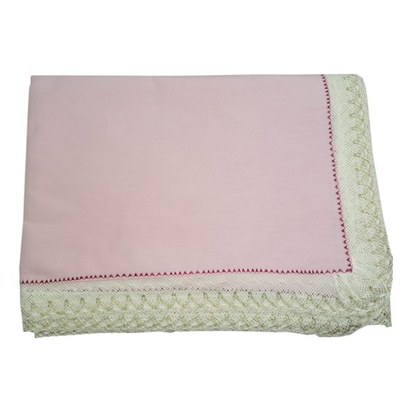 Cearsaf pat 250 cm x 270 cm, Casa Bucuriei, model Dulcis, roz mineral, bumbac natural 100%, bordura dantela bumbac si broderie