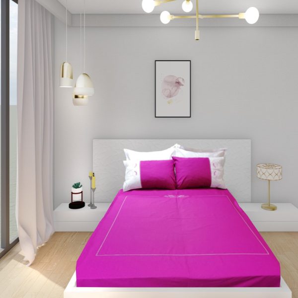 Lenjerie pat dublu extra, Iris, broderie, 6 piese, fucsia/alb, bumbac 100%, ( husa pilota 220 x 200 cm, cearsaf pat 280 x 260 cm si 4 x husa perna 50/70 cm)