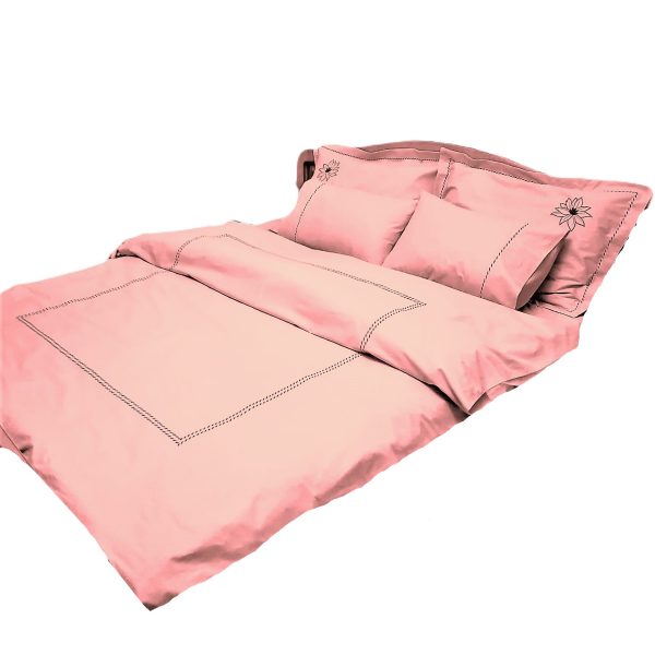 Set lenjerie de pat, marime 280 x 300 cm, brodata, Casa Bucuriei, model Simple Lines, 6 piese, roz pudra, bumbac 100%