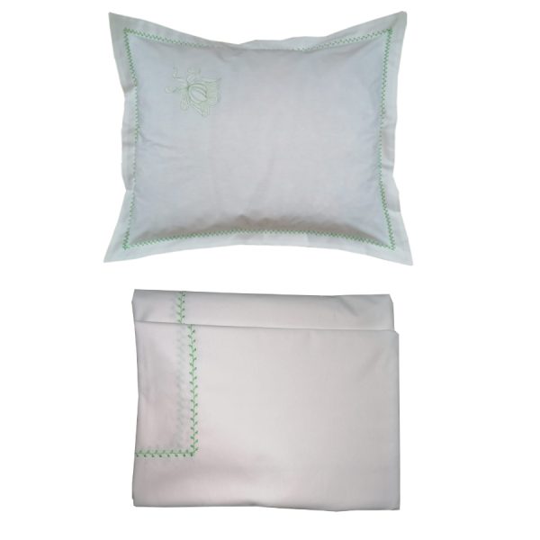 Set Lenjerie pat single, Casa Bucuriei, model Poema, 2 piese, alb/verde, bumbac natural 100%, 170 cm x 240 cm