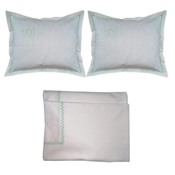 Set Lenjerie pat brodata 240 cm x 270 cm , Casa Bucuriei, model Poema, 3 piese, alb/verde, bumbac natural 100%