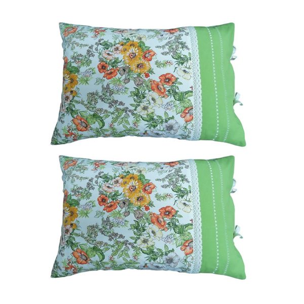 Set 2 x Husa de perna Casa Bucuriei, broderie si dantela bumbac, verde/multicolor, bumbac ranforce 100%, 50 x 70