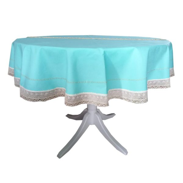 Fata de masa rotunda 155 cm, Casa Bucuriei, model Luxury, albastru maldiv / auriu, bumbac