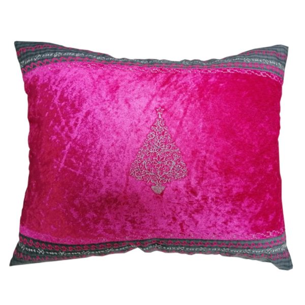 Perna cusatura decorativa argintiu si broderie, roz/gri, catifea si bumbac, 40x40