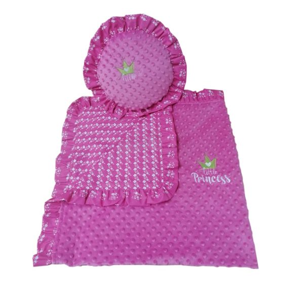 Set copii, Casa Bucuriei, fata dubla, broderie si volane, roz vintage/alb, plus minky si bumbac, 1 x patura 90/120 cm si 1 x perna 35 cm